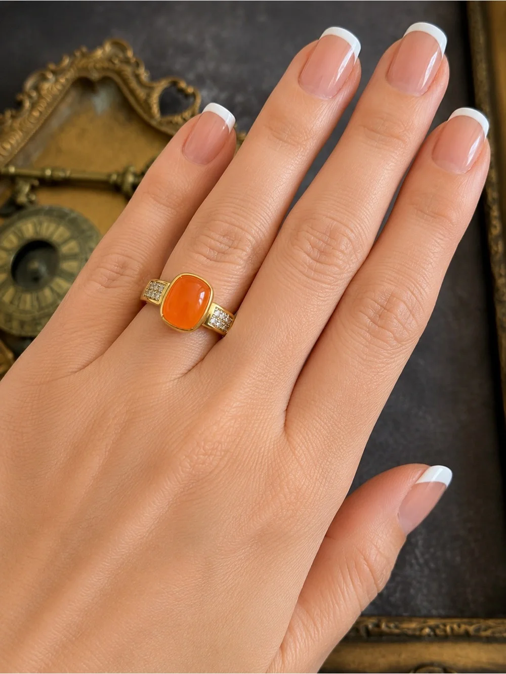 🆕 SONI • Gold Ring Orange Cabochon Crystal Stones Cocktail  Ring